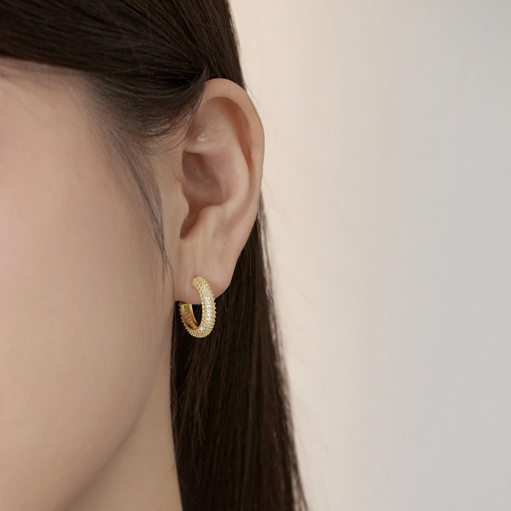 Women's Delicate 11 mm Round Huggie Earrings, Full Paved Round Zirconia, S925 with 18K Gold Plating