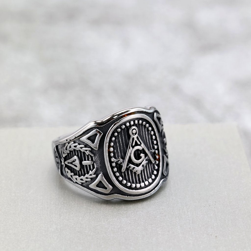 Vintage Solid Stainless Steel Masonic AG Letter Signet Ring for Men