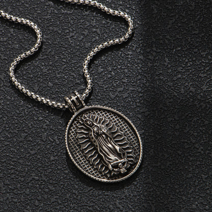 Men's Steel Oval Virgin Mary Pendant Necklace