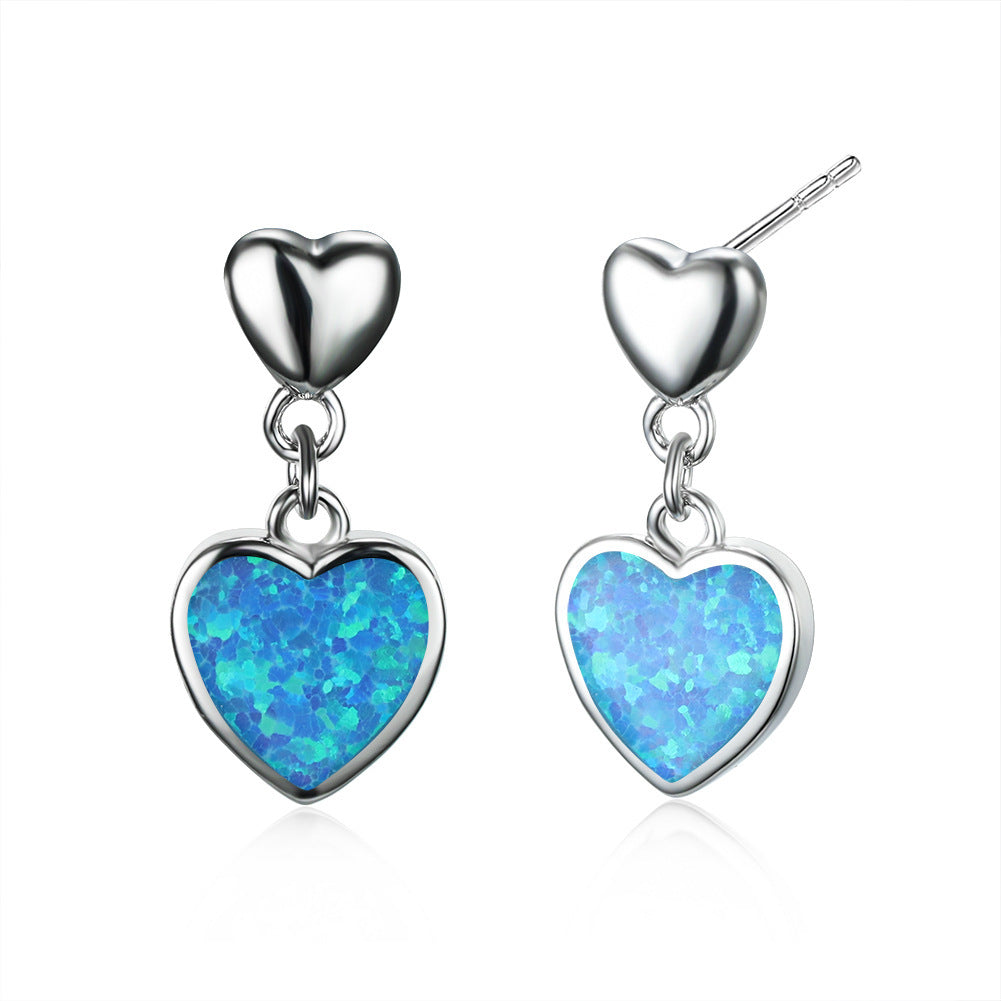 Women's Heart Dangle Earrings Inlaid With Blue & White Opal, with White Gold Plating