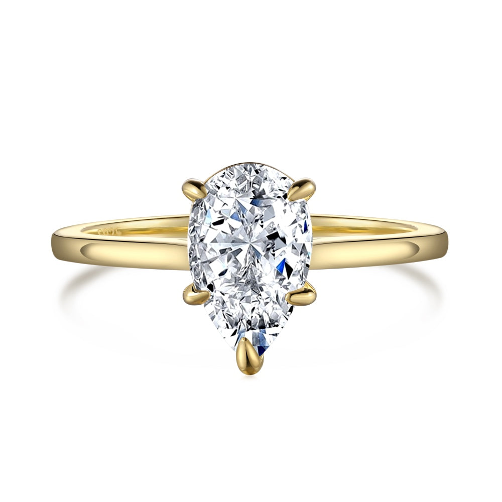 Women's Pear Shape Ice Flower Cut Zirconia Paved Simple Ring, S925 with Gold Plating
