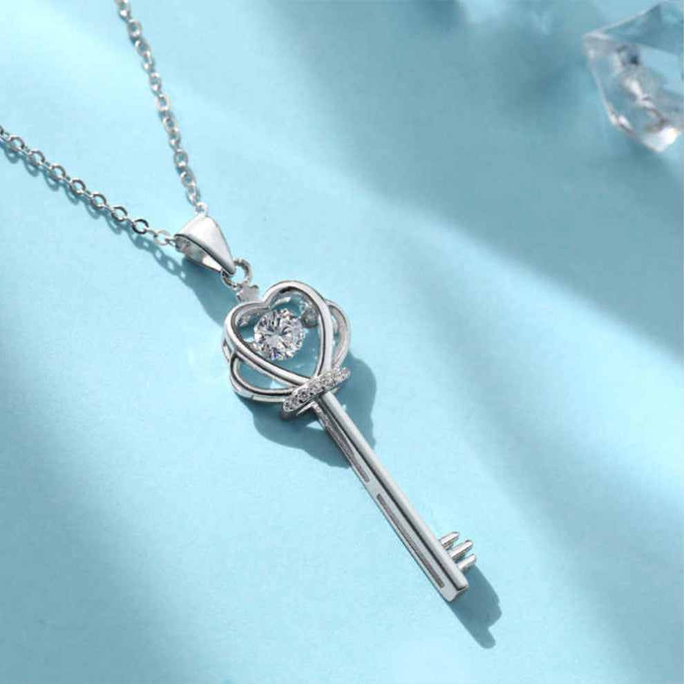 Women's White Gold Crown Key Shape Beating Heart Mossanite Pendant