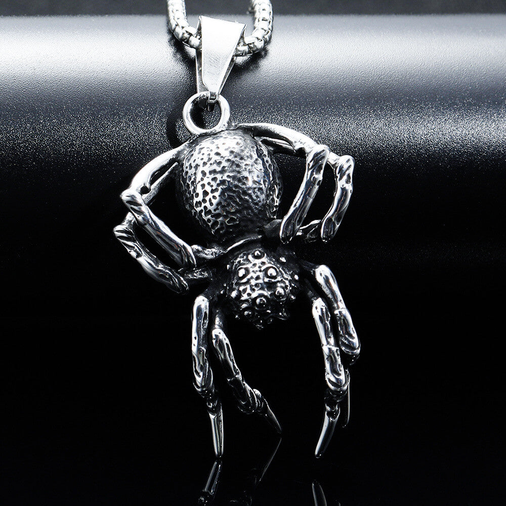 Vintage Stainless Steel Men's Halloween 3D Spider Pendant Necklace