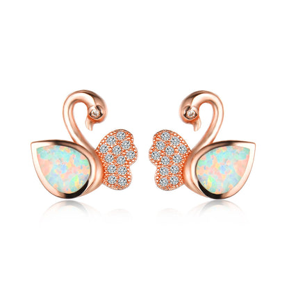 Women's Swan‑Shape Teardrop Opal & Paved Zirconia Stud Earrings, with Rose Gold Plating