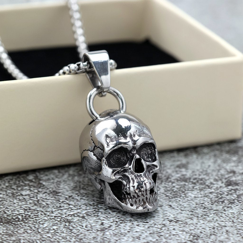 Vintage Stainless Steel Men's Halloween Skull Pendant Necklace