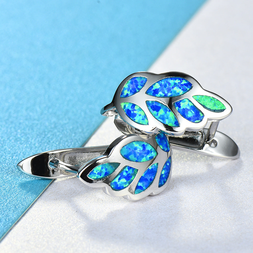 Women's Leaf‑Shaped Opal Huggie Clip‑on Earrings, with White Gold Plating