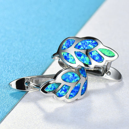 Women's Leaf‑Shaped Opal Huggie Clip‑on Earrings, with White Gold Plating