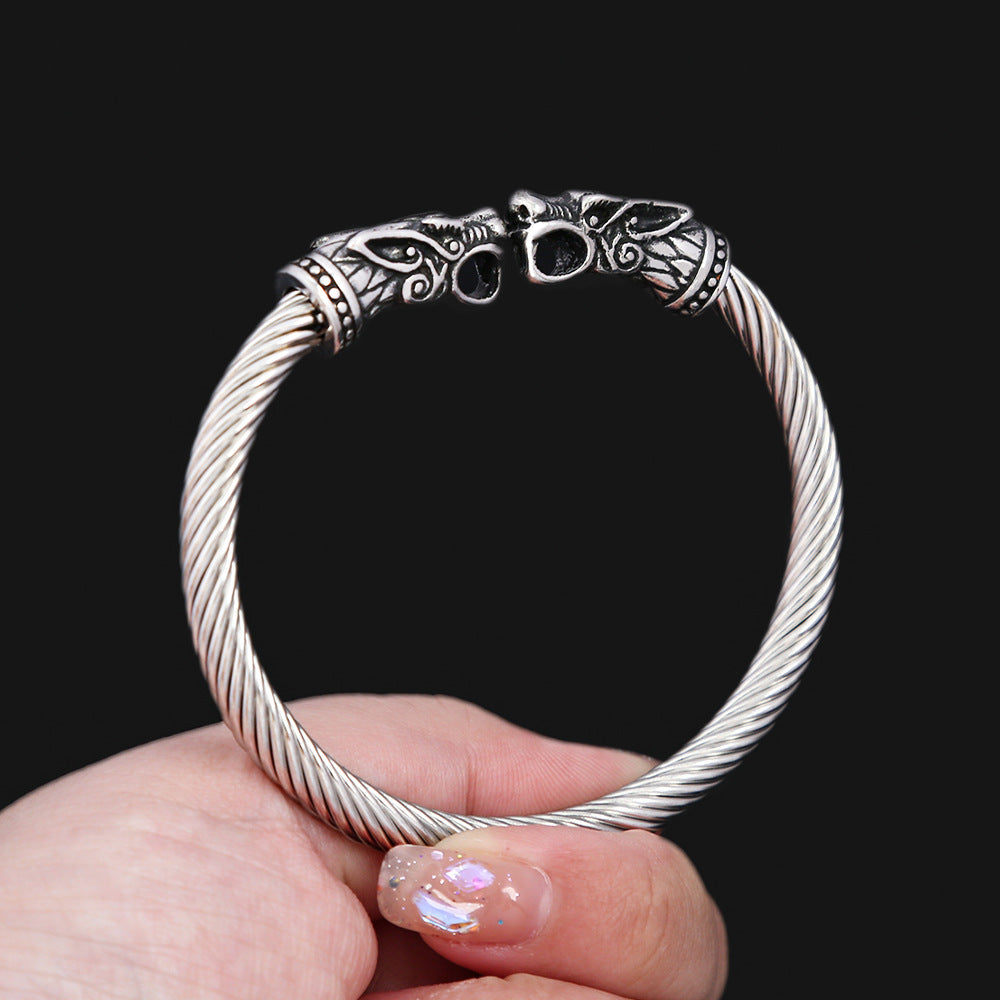 Men's Retro Double Dragon Head Twisted Open Cuff Bracelet