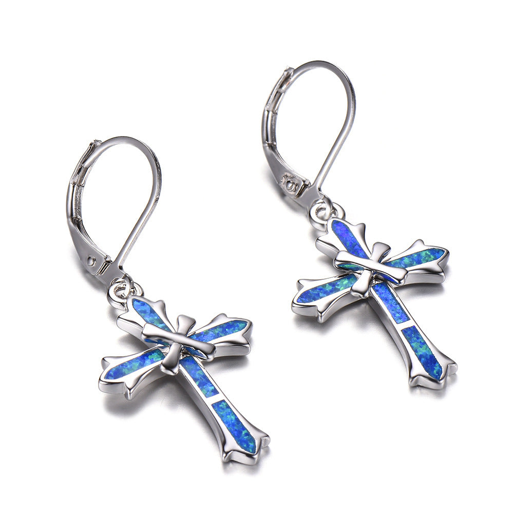 Women's Cross Dangle Hoop Earrings With Blue Opal Inlay, with White Gold Plating