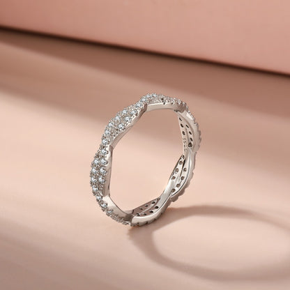 Women's S925 Silver White Gold Tone Pave Zircon Wave Ring, Luxury Stackable Ladies Fashion Ring