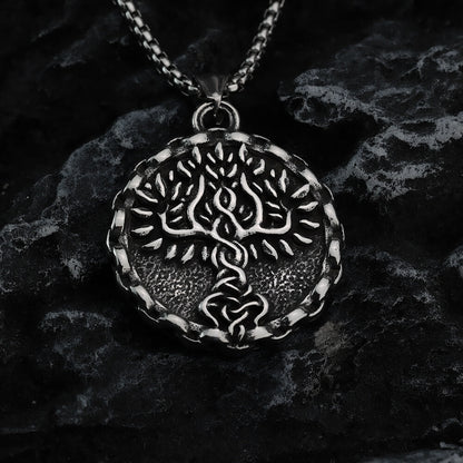 Men's Steel Nordic Tree of Life Lace Edge Round Retro Street Jewelry Pendant Necklace