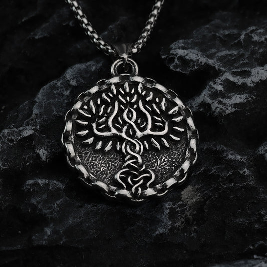 Men's Steel Nordic Tree of Life Lace Edge Round Retro Street Jewelry Pendant Necklace