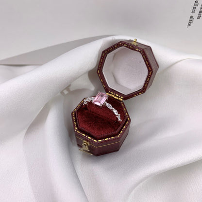 Women's Square Pink Zirconia Center Stone Paved Wedding Ring, S925 with White Gold Plating