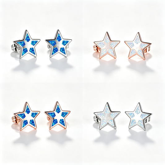 Women's Star‑Shape Hollow Blue / White Opal Stud Earrings, with White Gold Plating / Rose Gold Plating