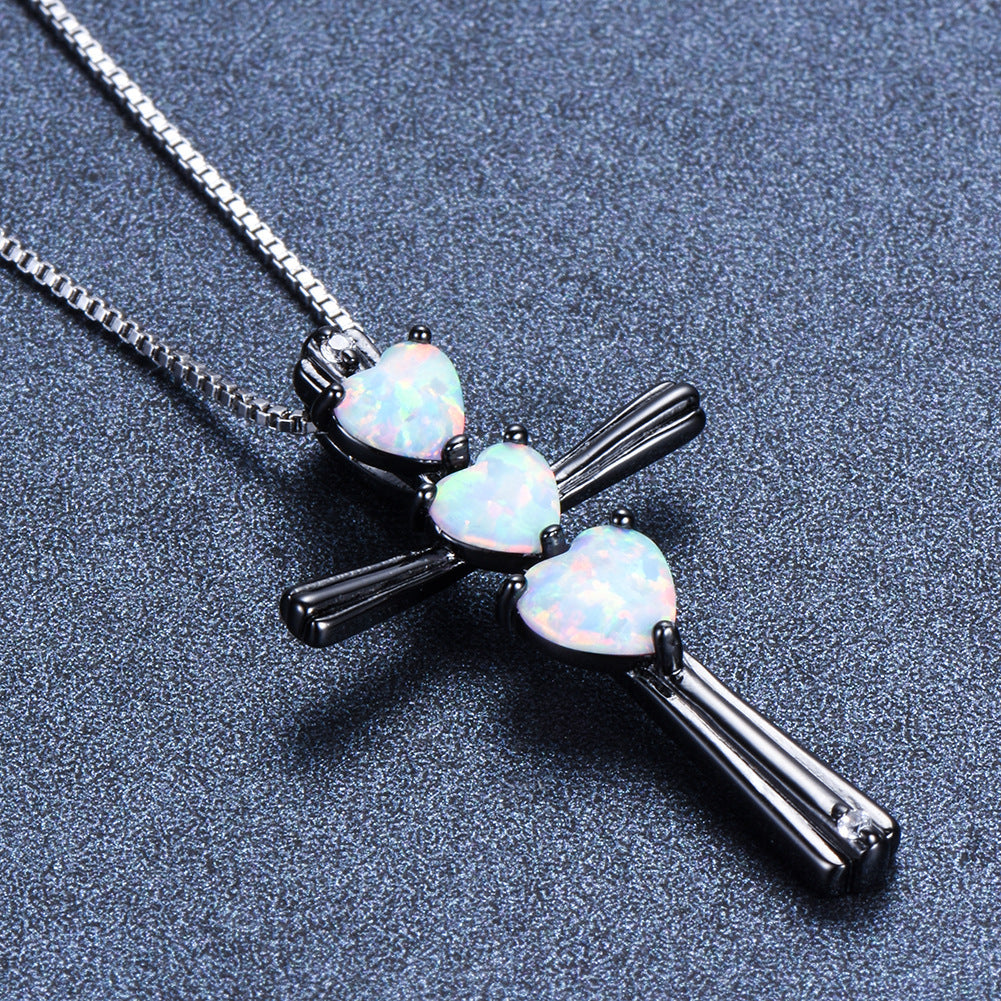 Three-love heart Opal Cross necklace