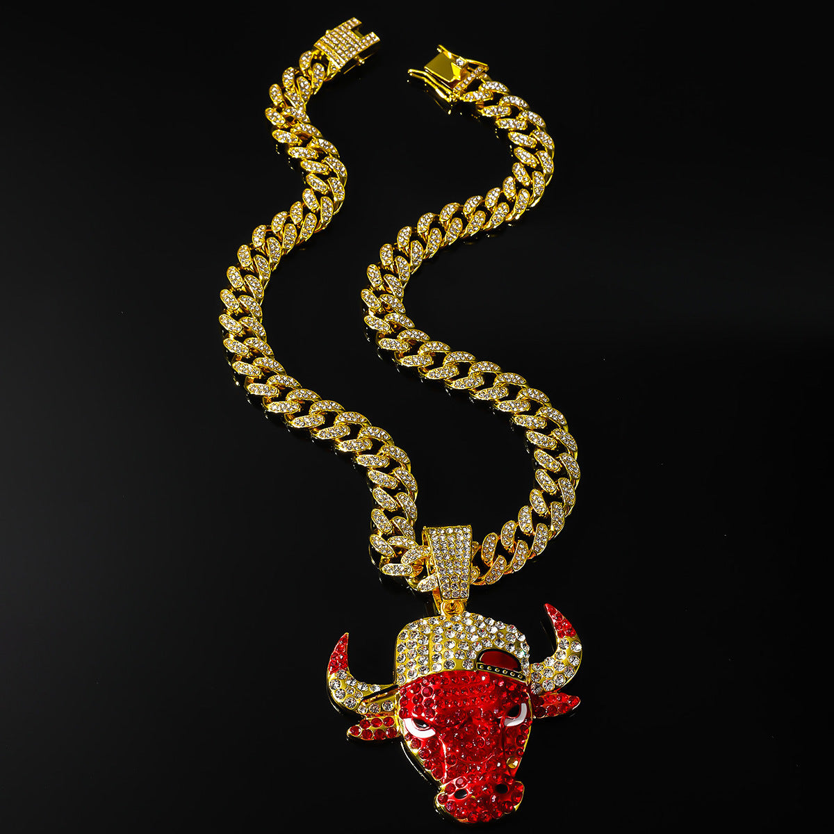 Hip-Hop Red Bull Head Cuban Chain Pendant Necklace