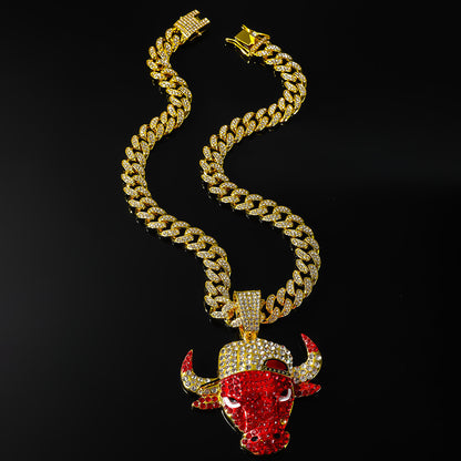 Hip-Hop Red Bull Head Cuban Chain Pendant Necklace