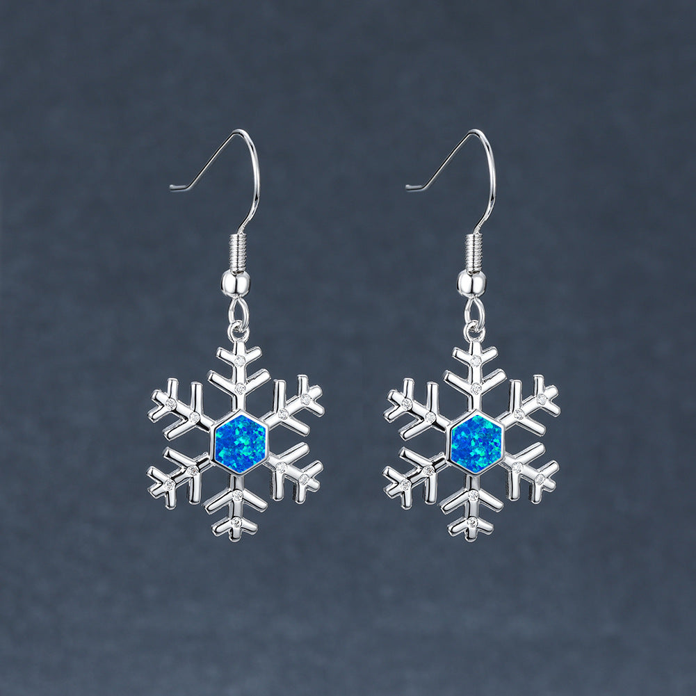 Women's Snowflake Hexagon Blue Opal & Zirconia Dangle Hook Earrings