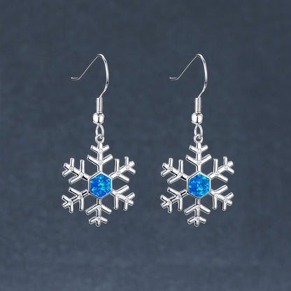 Women's Snowflake Hexagon Blue Opal & Zirconia Dangle Hook Earrings