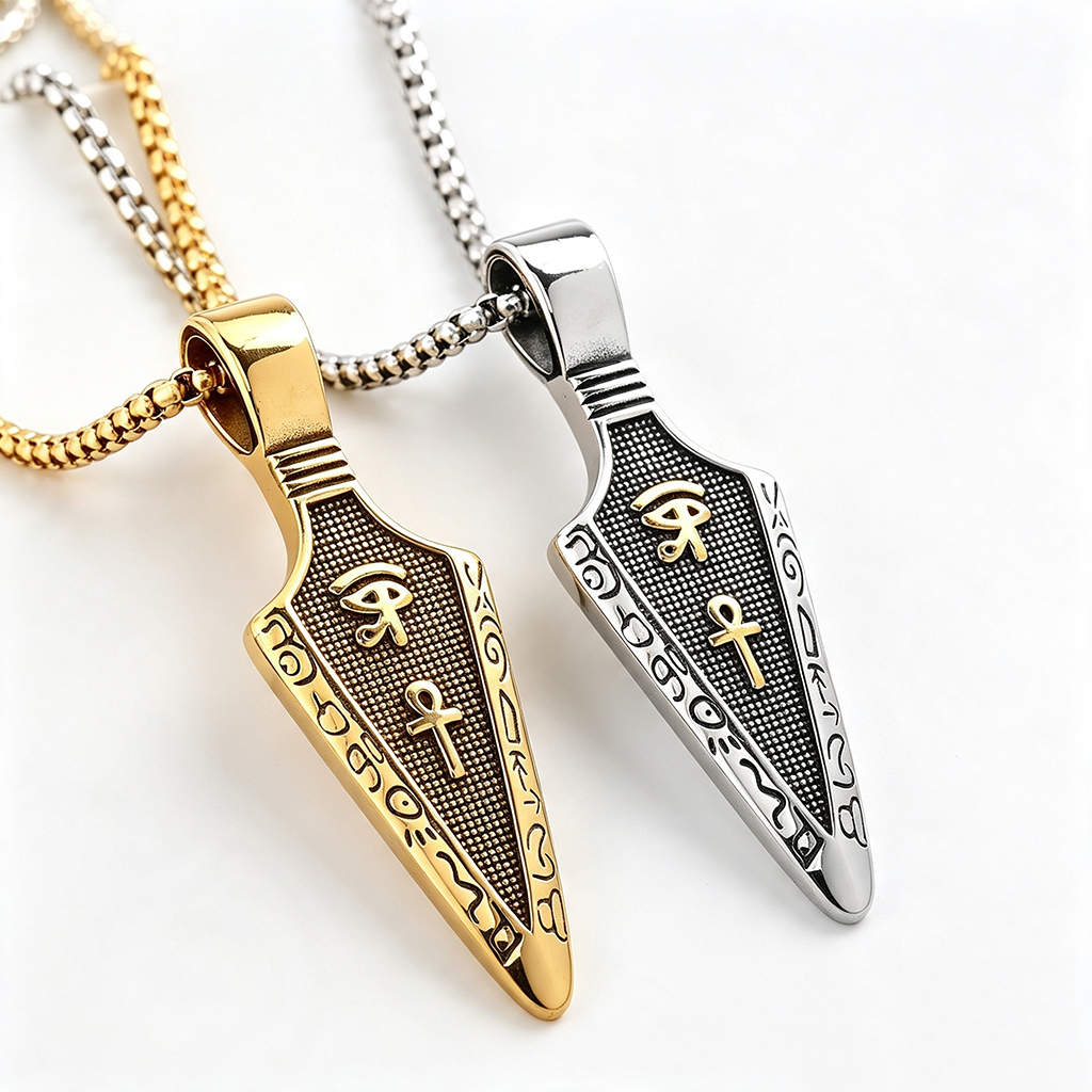 Vintage Stainless Steel Single Sided Egyptian Symbol Arrow Pendant Necklace for Men