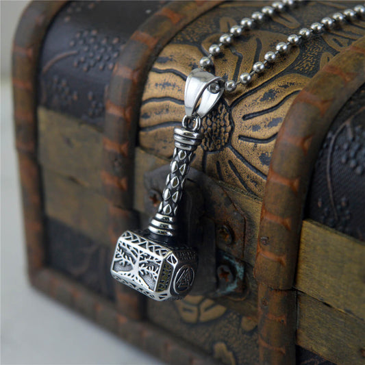 Men's Steel Hollow Tree Of Life Thor Hammer Pendant Necklace