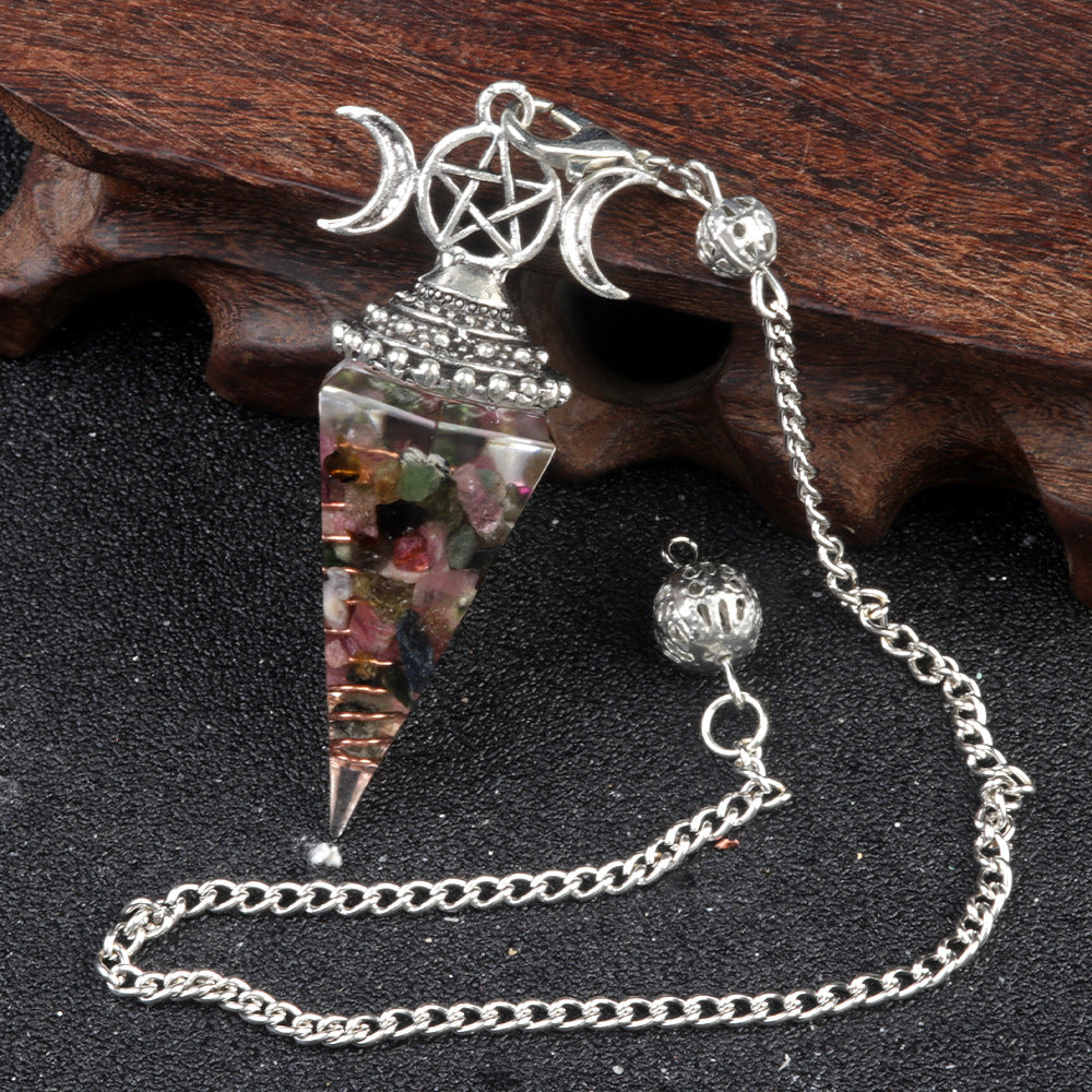 Three-phase moon seven-colored crushed stone resin crystal hexagonal pyramid spirit pendulum