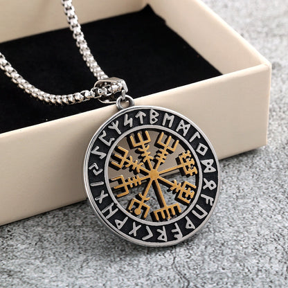 Vintage Stainless Steel Men's Viking Compass Double Sided Pendant Necklace