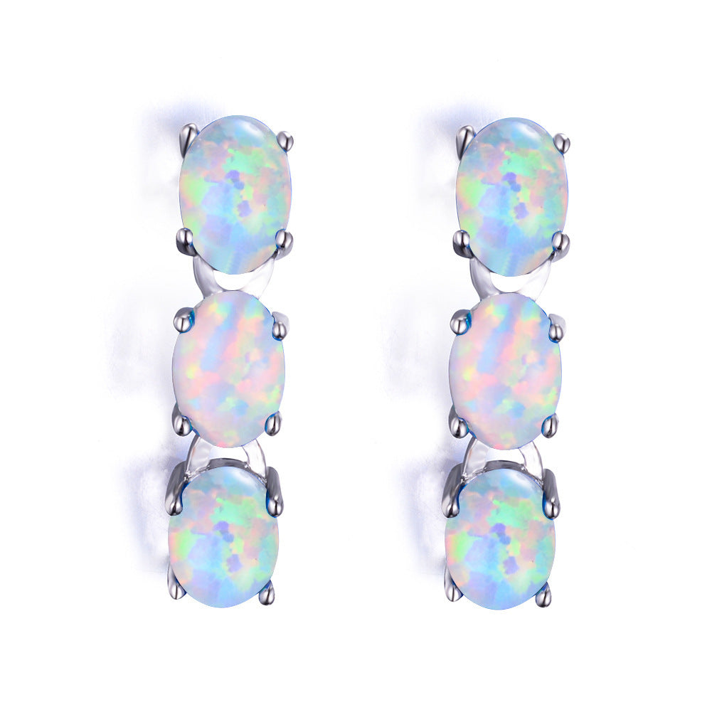 Women's Three‑Oval Opal Linked Dangle Drop Earrings, with White Gold Plating