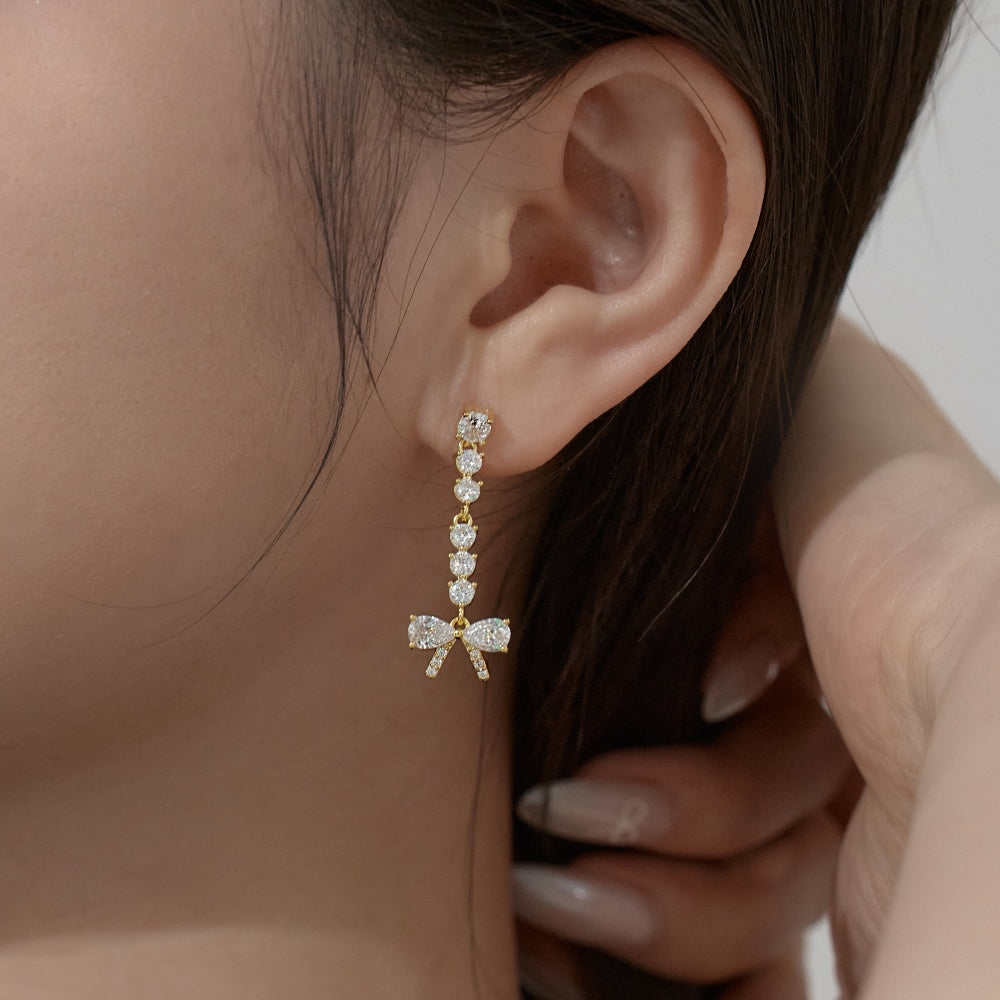 Women's Bow Dangle Earrings, Clear Zirconia Bow with Round Zirconia Chain, S925 with 18K Gold Plating