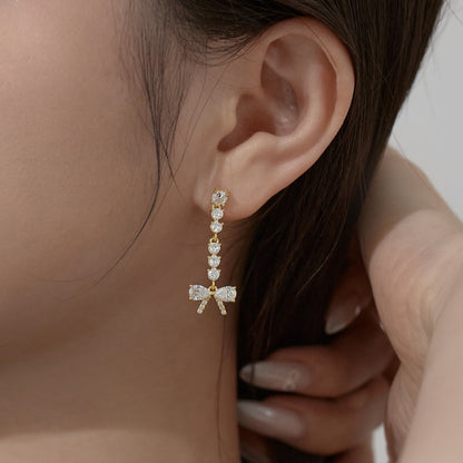 Women's Bow Dangle Earrings, Clear Zirconia Bow with Round Zirconia Chain, S925 with 18K Gold Plating