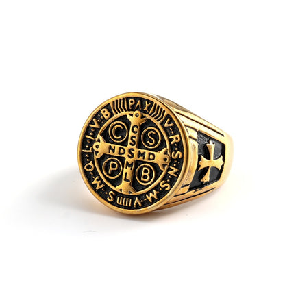 Vintage Gold Plated Stainless Steel Saint Benedict Exorcism Cross Round Signet Ring for Men