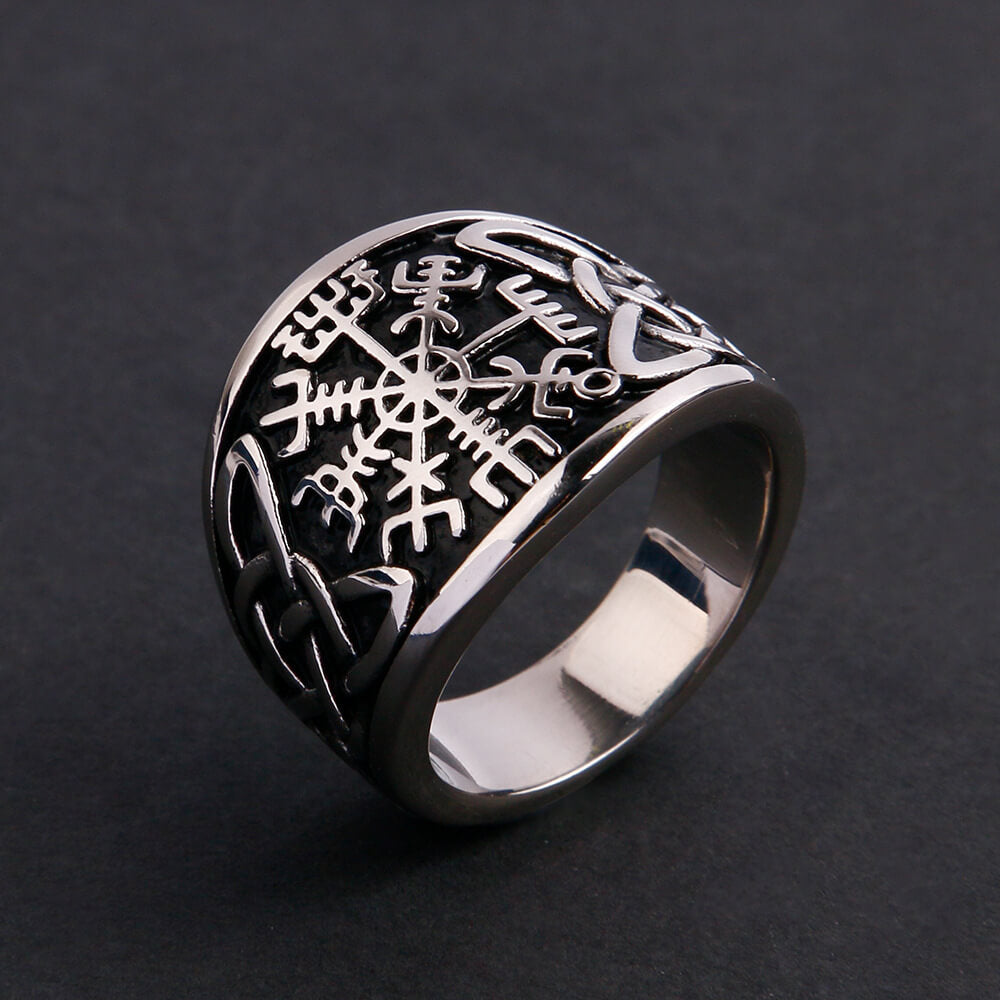 Vintage Solid Stainless Steel Viking Compass Rune Ring for Men