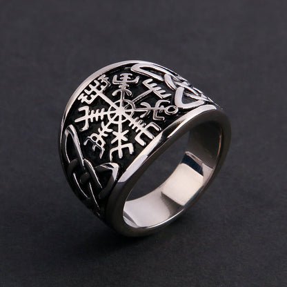 Vintage Solid Stainless Steel Viking Compass Rune Ring for Men