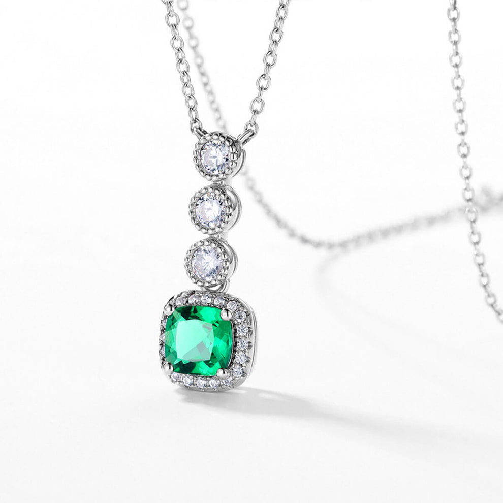 Women's Sterling Silver Triple Stones Cushion Shape Halo Emerald Pendant