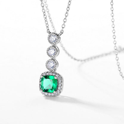 Women's Sterling Silver Triple Stones Cushion Shape Halo Emerald Pendant