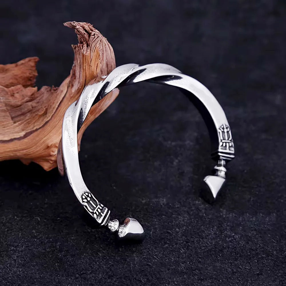 Men's Vintage Twisted Mobius Spear Tip Stainless Steel Open C Cuff Bracelet, Punk Style Buckle Ring Adjustable Retro Bangle