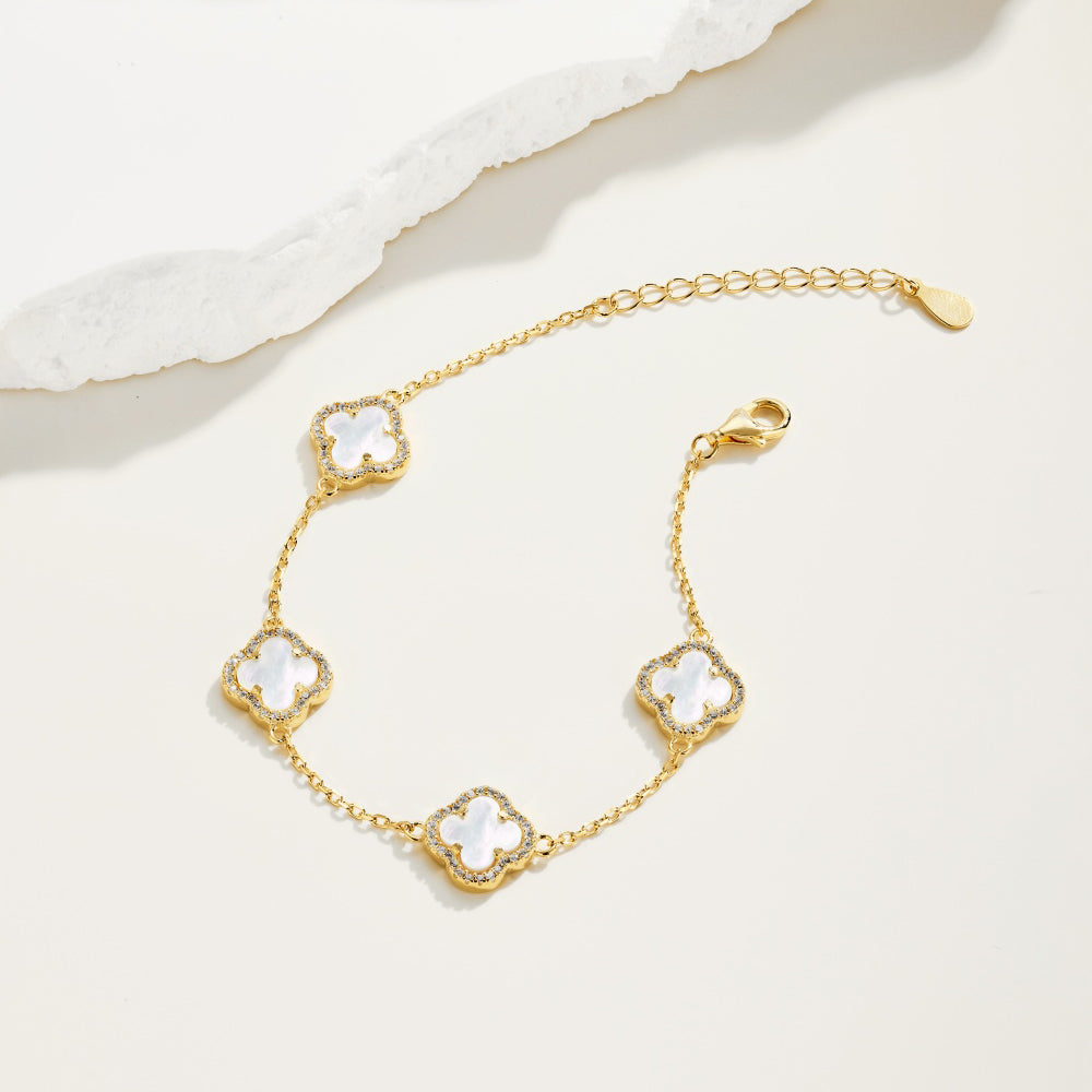 Women's Delicate Bracelet, White Shell & Round White Zirconia Inlay Clover Design, S925 with 18K Gold Plating