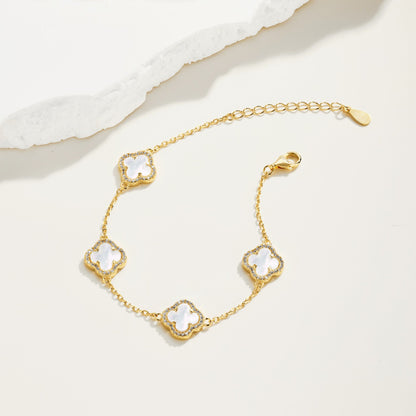 Women's Delicate Bracelet, White Shell & Round White Zirconia Inlay Clover Design, S925 with 18K Gold Plating