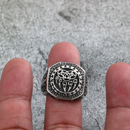 Vintage Solid Stainless Steel Engraved Viking Hollow Bear Claw Octagon Signet Ring for Men
