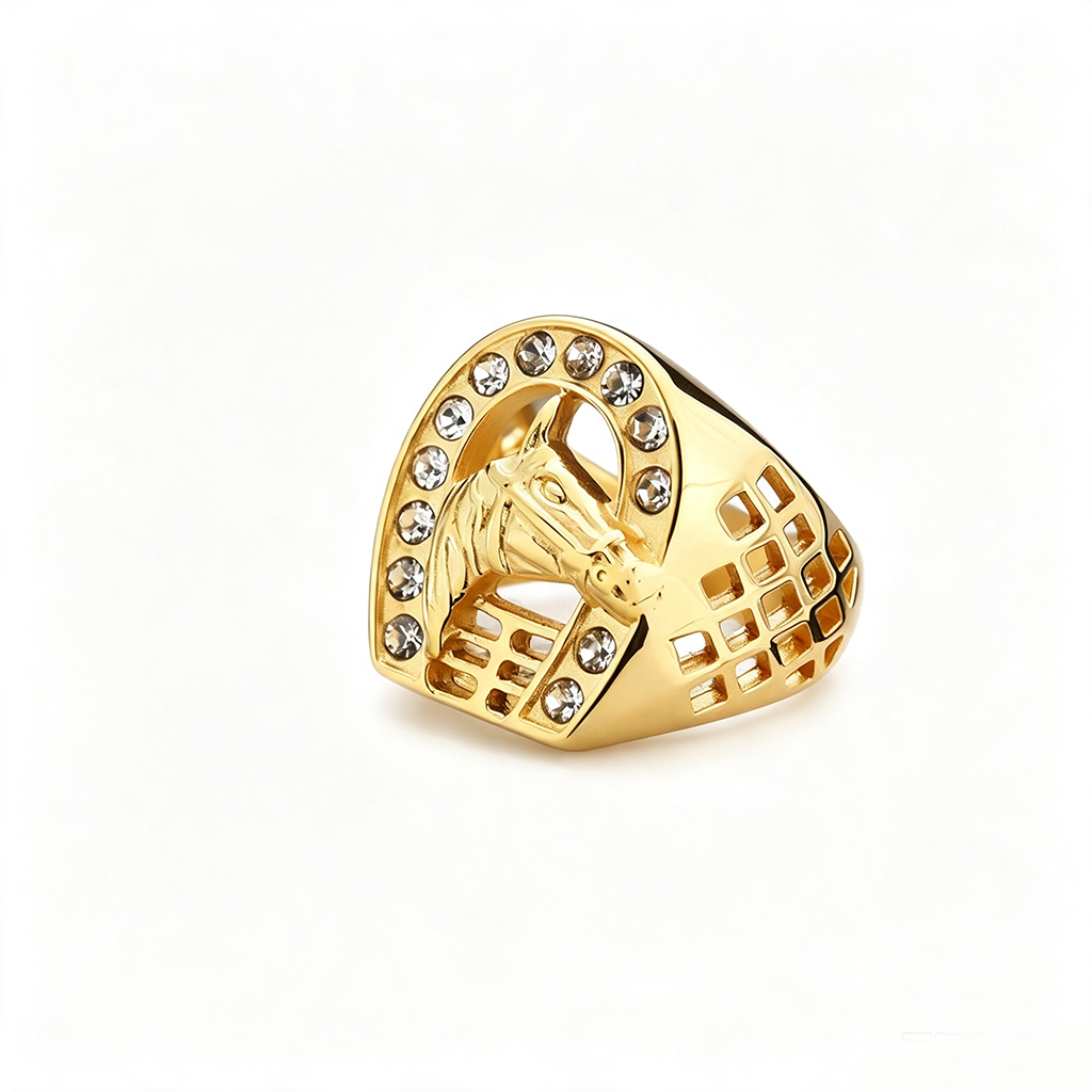 Gold Plated Stainless Steel Iced Out Hollow Cast Horse Head Hip Hop Ring for Men