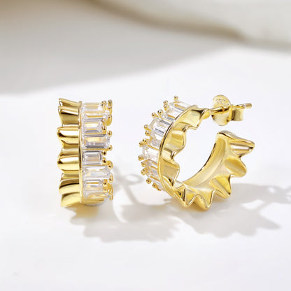 Women's Wave C‑Shape Hoop Earrings, Baguette White Zirconia Paved, S925 with Gold Plating