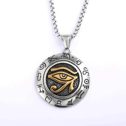 Vintage Stainless Steel Men's Egyptian Eye of Horus Round Pendant Necklace