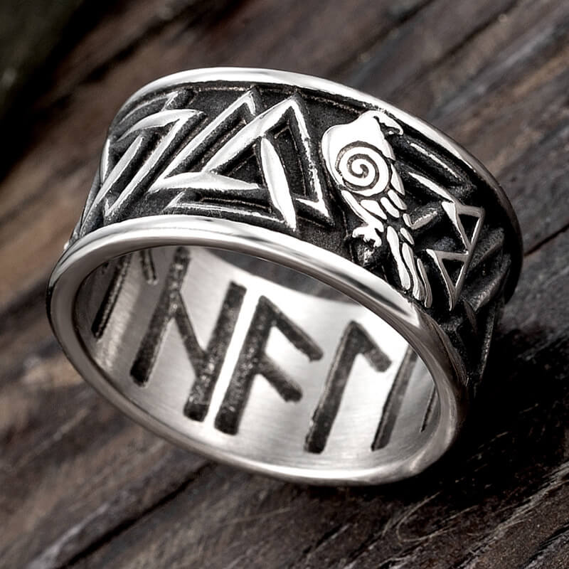 Vintage Stainless Steel Viking Rune Crow Carved Ring for Men