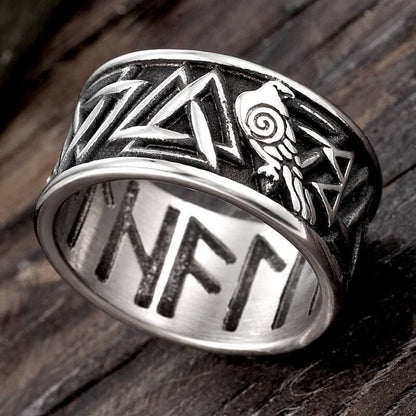 Vintage Stainless Steel Viking Rune Crow Carved Ring for Men