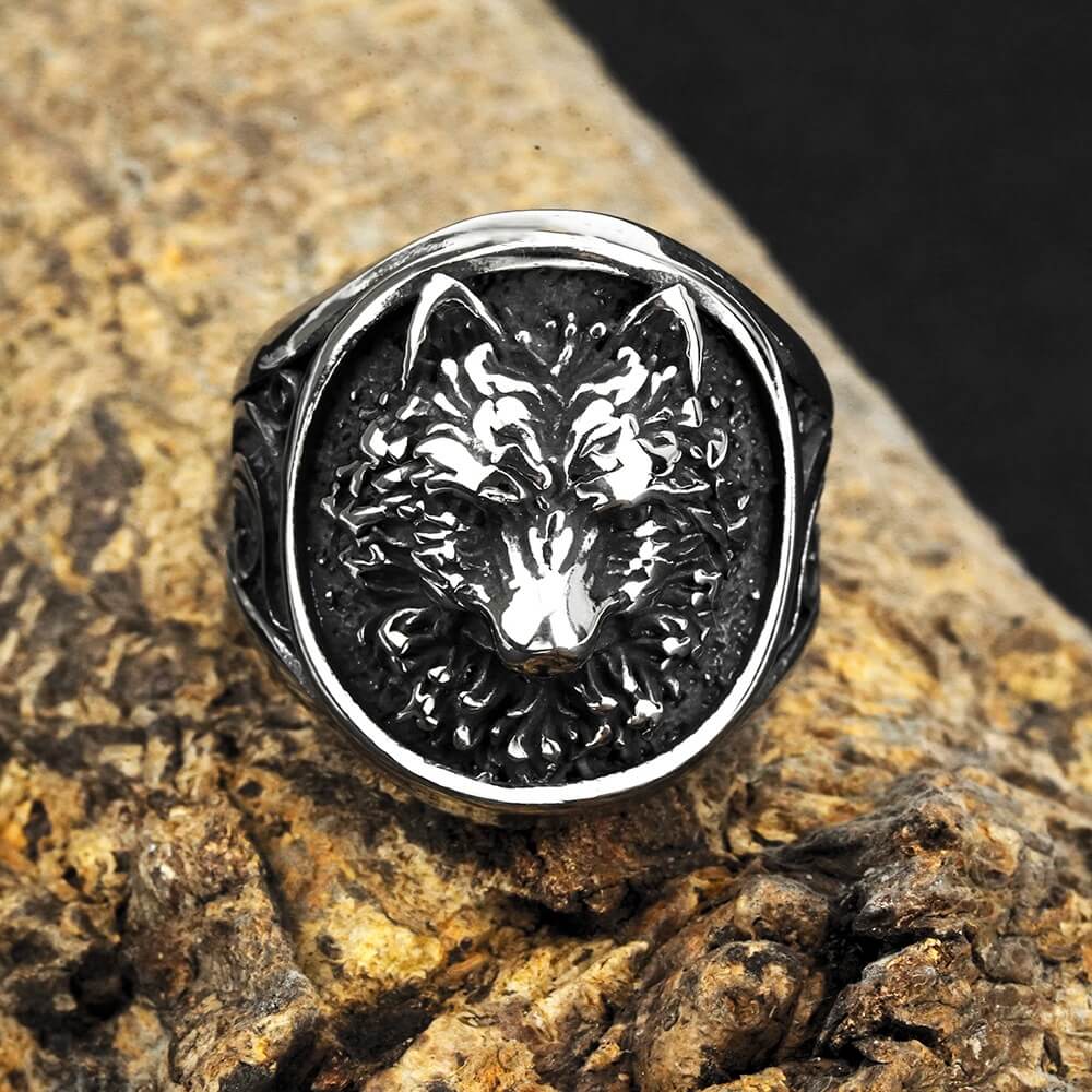 Vintage Solid Stainless Steel Norse Viking 3D Wolf Head Round Signet Ring for Men