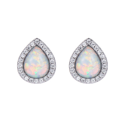 Women's Exquisite Pear‑Shape Halo Paved Zirconia Blue / White Opal Stud Earrings, with White Gold Plating