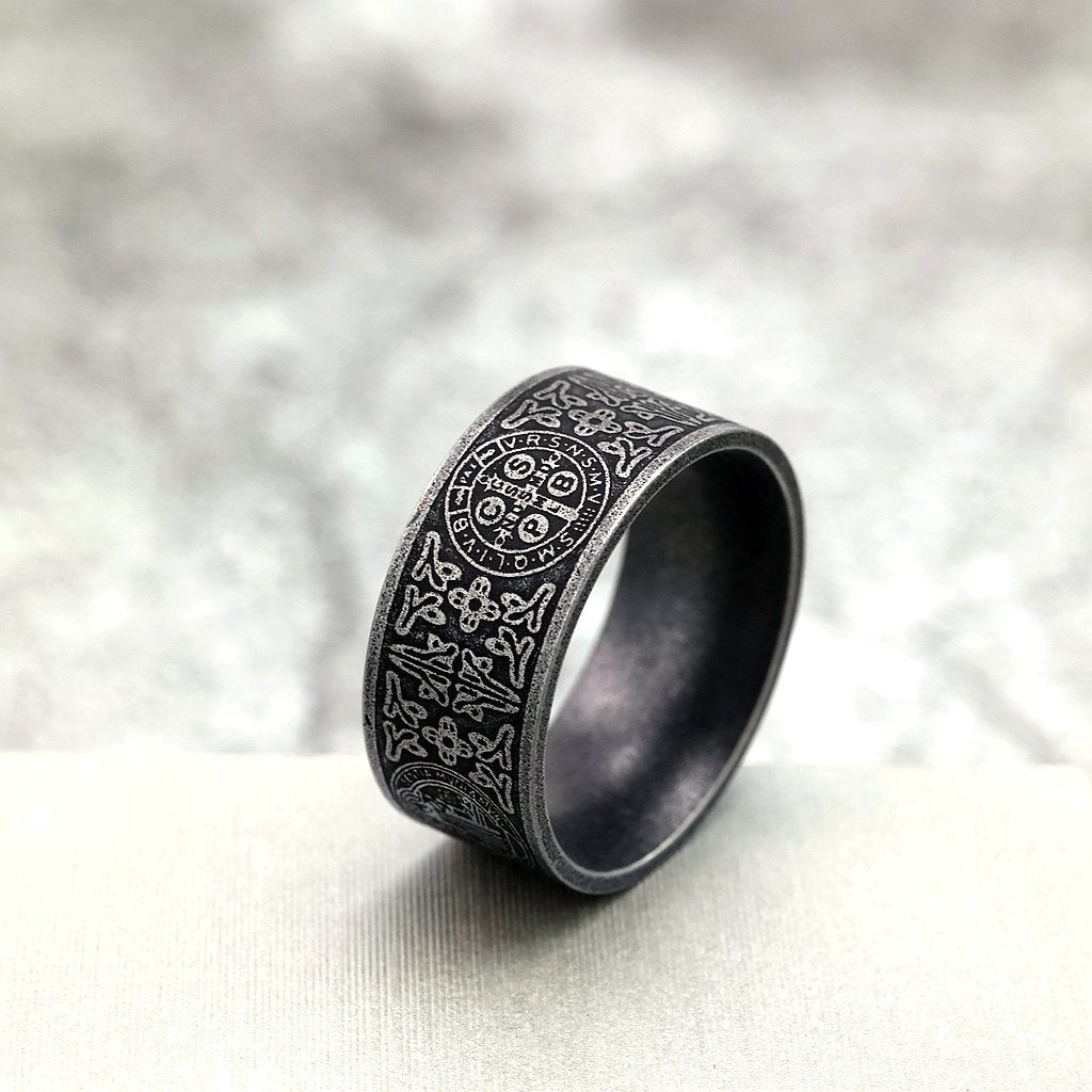 Vintage Solid Stainless Steel Dark Circle Saint Benedict Cross Ring for Men