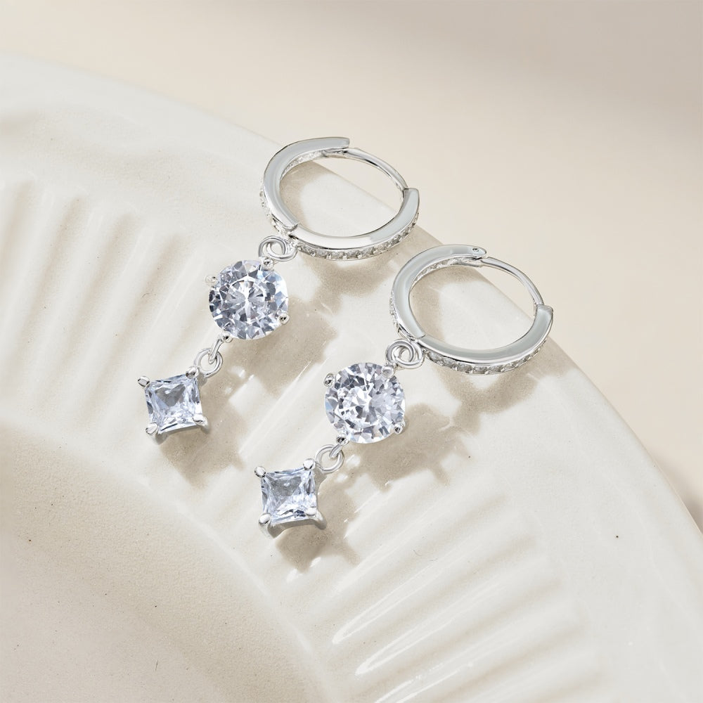 Women's Dangle Earrings, Colorless Round Zirconia Inlaid, S925 with White Gold Plating