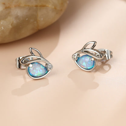 Women's Hollow Rabbit Teardrop Opal Stud Earrings with Round Zirconia Accent, with White Gold Plating