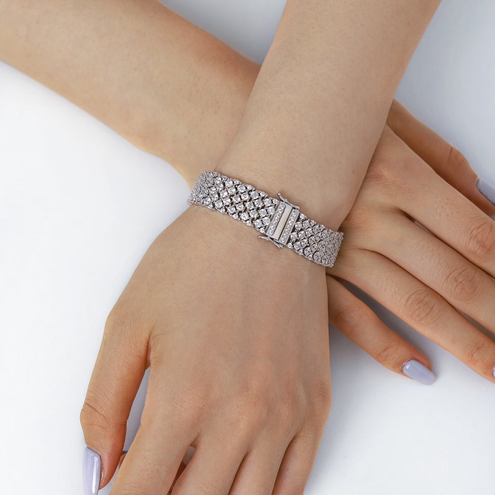 Women's Luxury Wide Tennis Bracelet, Multi‑Row Paved Colorless Zirconia, S925 with White Gold Plating